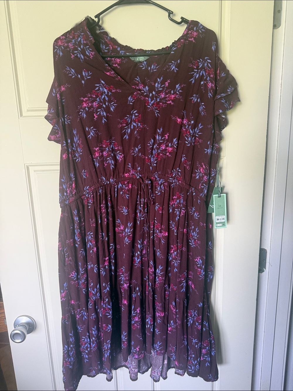 Terra and Sky Burgundy Floral Tiered Dress with Pink & Blue Accents
